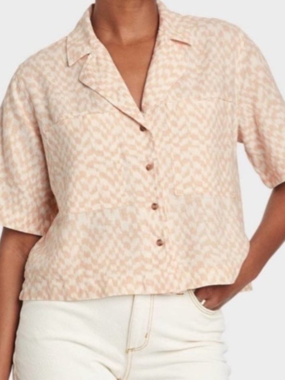 Universal Threads Target Women's Short Sleeve Button-Front Shirt - Cream/ Beige